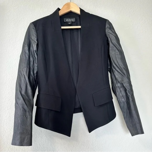 St. John Caviar Black Lamb Leather Open Front Blazer Jacket - Picture 6 of 16